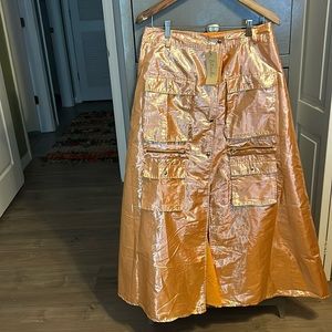 NWT Anthropologie x Let Me Be Metallic Peach Cargo Maxi Skirt Sz Large